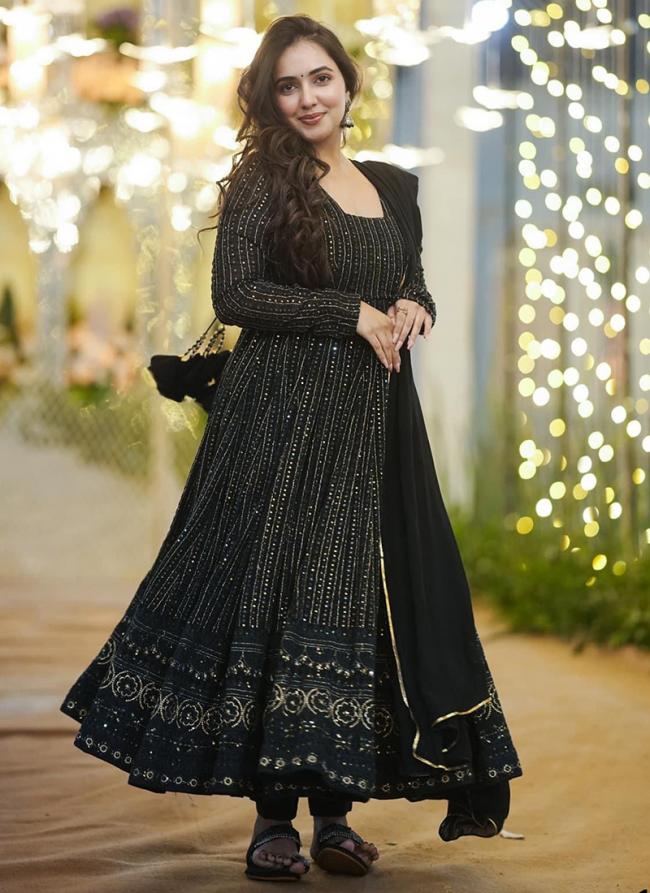Faux Georgette Black Festival Wear Embroidery Work Gown With Dupatta